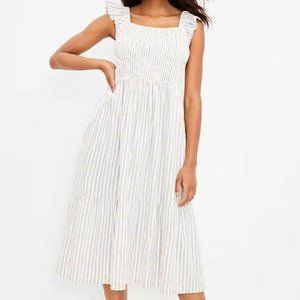 White Stripe Ruffle Midi Dress